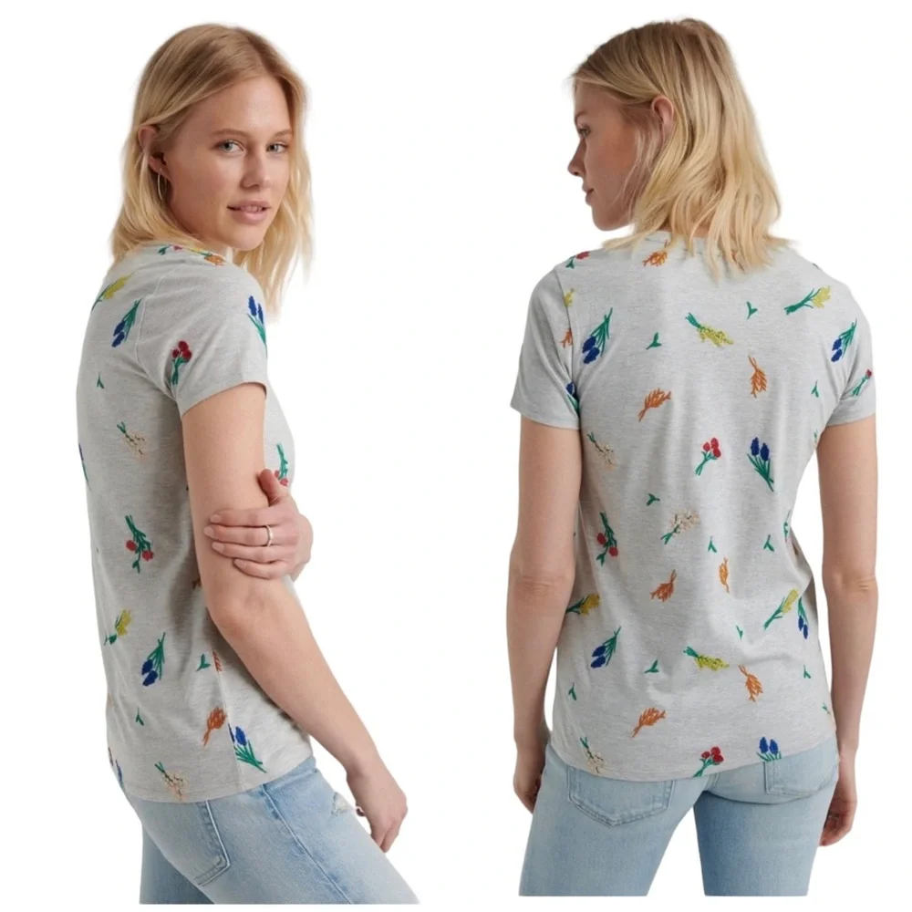 Lucky Brand Allover Embroidered Floral Tee- Heather Gray- Medium - Picture 2 of 13